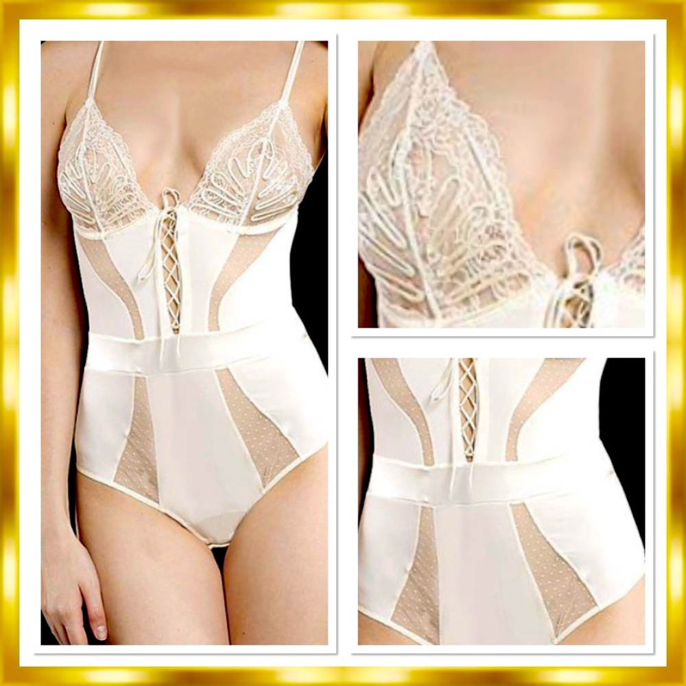 La Perla Soutache White Paneled Mesh Satin Lace Bodysuit.Vintage RARE Size 1 $